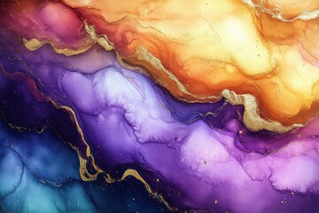 Abstract Watercolor Waves Fluid Art with Golden Accents and Textured Patterns