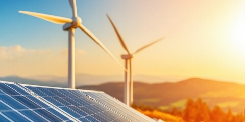 Dynamic view of towering wind turbines above expansive solar panels under a clear blue sky.