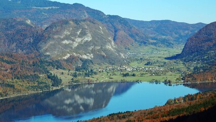 Breathtaking view of Bohinj lake from above. Beautiful view ot the Triglav mountains, Triglav...
