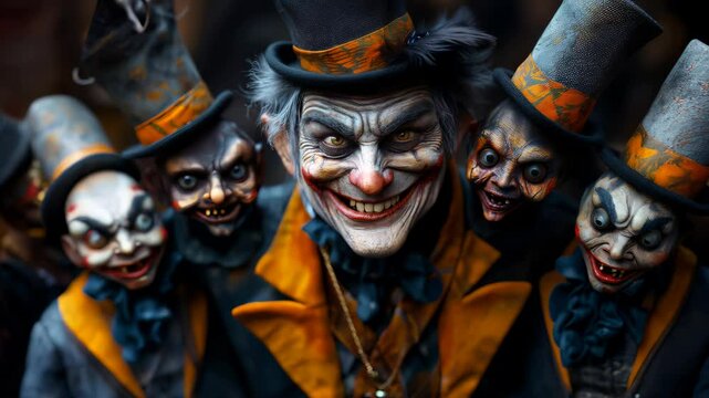 With a devilish grin, a sinister puppet master poses menacingly among frightening twisted puppets, the chilling atmosphere. Halloween concept