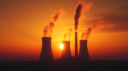 Sunset Silhouette of Industrial Power Plant with Pollution