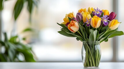 Spring action floral arrangement of colorful flowers in nature indoor setting lively viewpoint