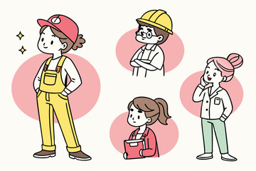7 Hand-drawn illustrations, diverse characters, simple line art, colorful outfits, expressive poses, cute cartoon style, various professions and personalities, minimalist background, pastel color pale