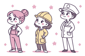 7 Hand-drawn illustrations, diverse characters, simple line art, colorful outfits, expressive poses, cute cartoon style, various professions and personalities, minimalist background, pastel color pale