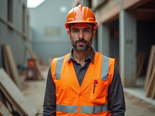 Fototapeta premium A construction worker wearing an orange safety vest and helmet at a building site