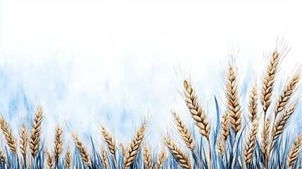 Fototapeta premium Golden Wheat Watercolor Painting with Blue and White Background