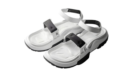 Obraz premium Pair of modern white sandals with black details isolated on transparent background