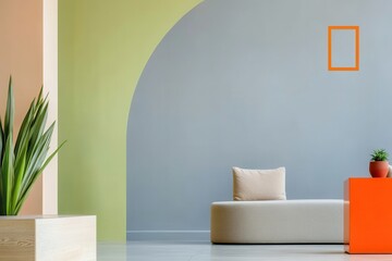 Stylish modern living room featuring a unique curved arch design and contemporary artistic decor.