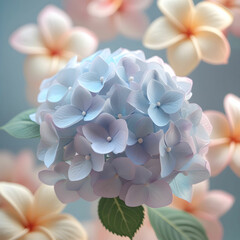 Fototapeta premium Soft pastel hydrangea in a blurred style, featuring floral background with frangipani and plumeria.