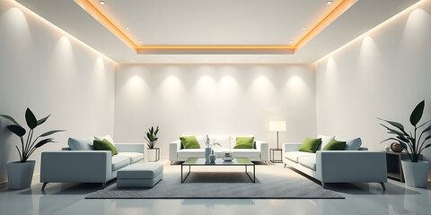 minimalist living room interior mockup, modern furniture and greenly decorative, white sofa and armchair, created by generative ai