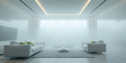 minimalist living room interior mockup, modern furniture and greenly decorative, white sofa and armchair, created by generative ai