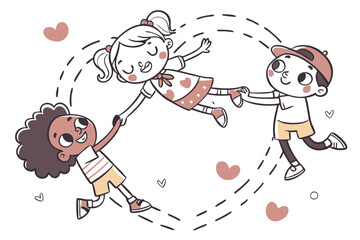 8 Cute cartoon children, hand-drawn style, heart shape composition, diverse characters, playful poses, simple color palette, white background, children holding hands, joyful expressions, whimsical ill