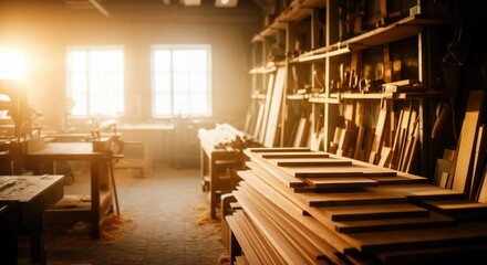 Sunlit woodworking shop with organized tools and wooden planks