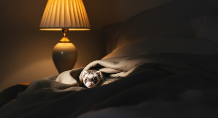 Ferret under blanket illuminated by warm lamp light