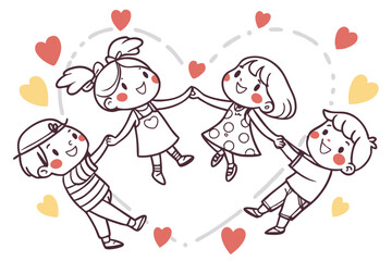 8 Cute cartoon children, hand-drawn style, heart shape composition, diverse characters, playful poses, simple color palette, white background, children holding hands, joyful expressions, whimsical ill