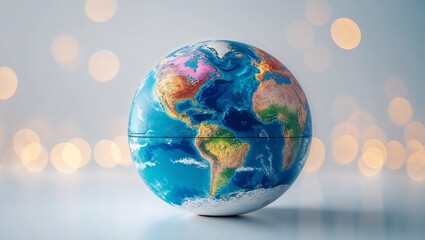 Globe model representing Earth with colorful continents against a soft bokeh background