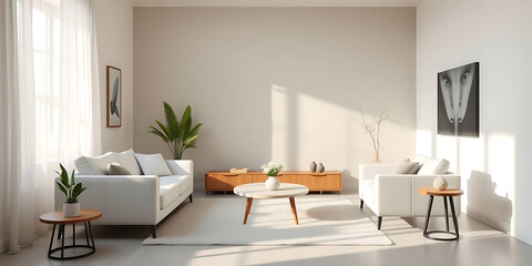 minimalist living room interior mockup, modern furniture and greenly decorative, white sofa and armchair, created by generative ai