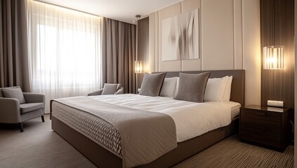 Luxurious hotel bedroom, showcasing a comfortable king-size bed, elegant d?cor, and ample natural light
