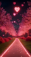 A Romantic Pathway Lined with Pink Blossoms and Glowing Hearts