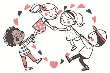 8 Cute cartoon children, hand-drawn style, heart shape composition, diverse characters, playful poses, simple color palette, white background, children holding hands, joyful expressions, whimsical ill