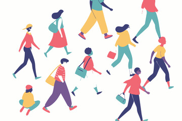 9 Colorful crowd of diverse people, minimalist illustration, white background, dynamic poses, walking figures, stylized characters, vibrant clothing, top-down view, flat design, abstract human shapes,