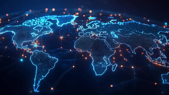 Glowing futuristic world map in dark background 