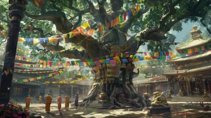 Fototapeta premium Sacred Bodhi Tree Draped in Colorful Prayer Flags