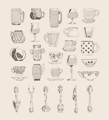 A collection of hand-drawn sketches of cups and cutlery.