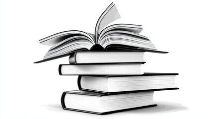Fototapeta premium Grayscale Stack of Five Books Topped with Open Volume on White Background