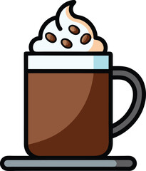Coffee Mug with Whipped Cream and Coffee Beans Illustration, An illustration of a coffee mug topped with whipped cream and sprinkled with coffee beans, creating a rich and inviting beverage.
