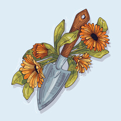 Illustration of a garden spade and marigold flowers. Bright stickers for gardeners.