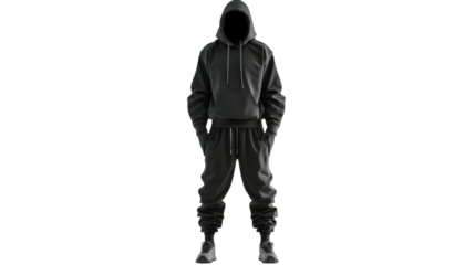 Faceless person wearing dark grey hoodie and sweatpants with hands in pockets on transparent background