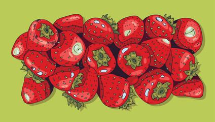 The background is hand-painted bright strawberries