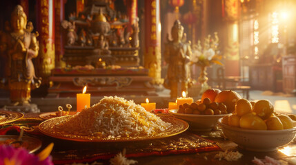 Golden Rice Offering on a Traditional Buddhist Altar