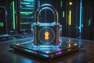 Cybersecurity concept. Futuristic digital padlock on glowing screen for digital security online 