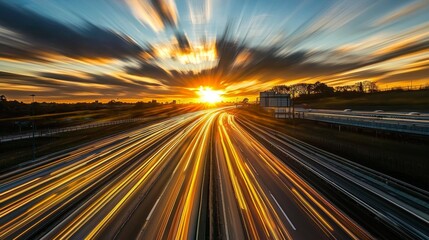 Obraz premium Sunset Over a Busy UK Motorway with Moving Cars