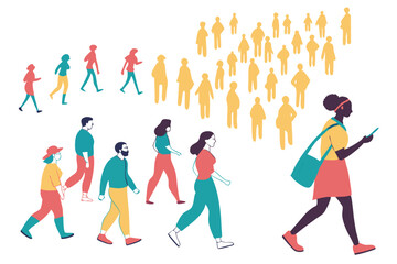 9 Colorful crowd of diverse people, minimalist illustration, white background, dynamic poses, walking figures, stylized characters, vibrant clothing, top-down view, flat design, abstract human shapes,