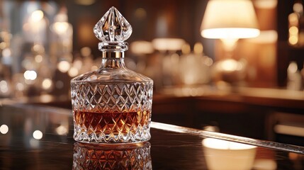 Ornate decanter on bar counter, elegant, amber liquor, blurred background, bar scene, promotional use