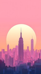Obraz premium A stylized city skyline with a large sun in the background