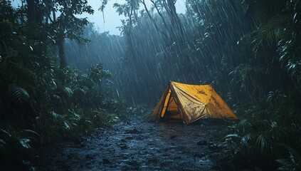 A lone yellow tent sits in a lush, dark rainforest during a torrential downpour. The mood is somber yet resilient.