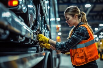 A female truck driver securing cargo in a well-lit warehouse with visible safety equipment