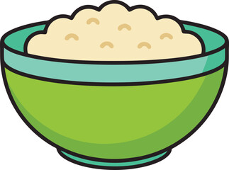 Rice in Green Bowl Illustration, An illustration of a green bowl filled with fluffy white rice, highlighting a simple and clean design.
