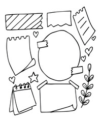 Memo sticky notes, sheet reminder, color office or school pages with tape, marks, pin, paperclip frames doodle style.