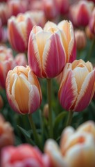 Fototapeta premium Close-up of pink and white tulips in full bloom showcasing their intricate petals. The image highlights the natural beauty of the flowers and their delicate colors.