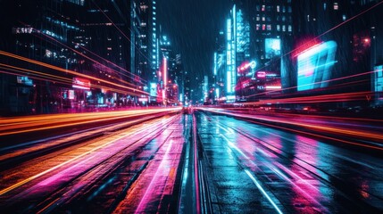 Fototapeta premium Neon city street at night with blurred motion of cars
