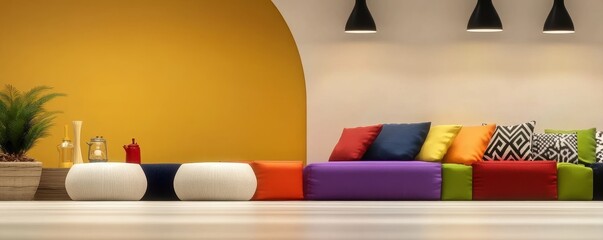 Vibrant modern living room featuring bold Memphis design elements and colorful decor for a lively atmosphere.