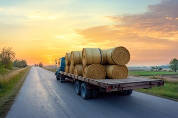 Obraz premium A flatbed truck carrying hay bales on a quiet country lane at sunset