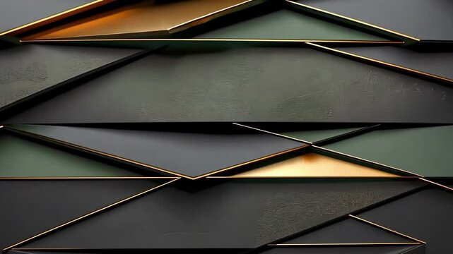 Abstract geometric pattern of layered, overlapping triangles in dark gray, deep green, and gold