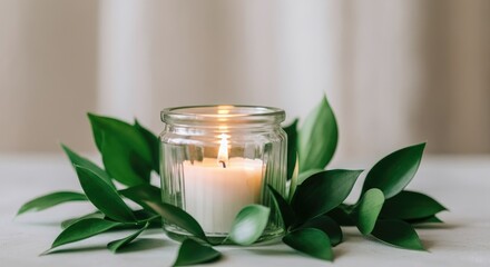 Lit candle in glass jar with green leaves on white background