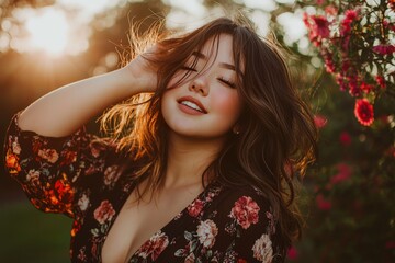Naklejka premium Young woman with tousled wavy brown hair wearing a floral dress tilting her head back with eyes closed enjoying the warmth of golden hour sunlight in a dreamy outdoor setting
